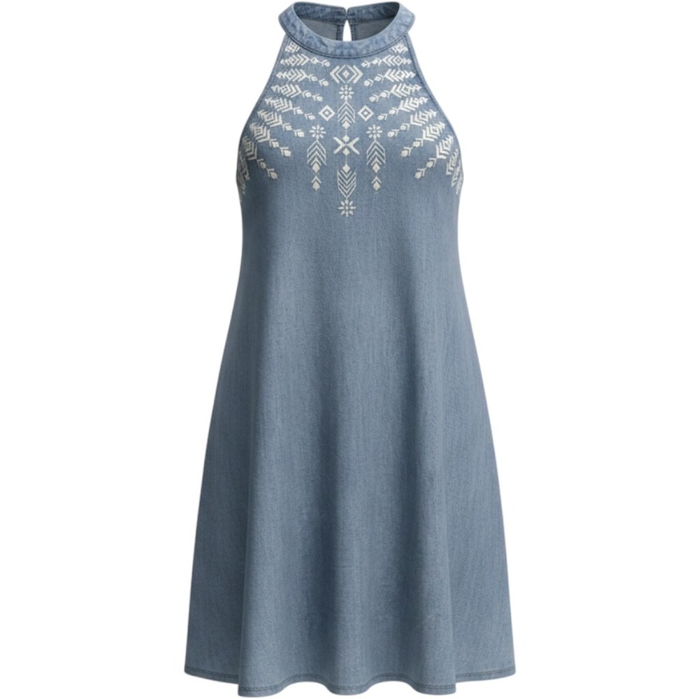 Speechless Embroidered Denim Halter Dress Womens Size Large Blue Boho Summer - Picture 2 of 9
